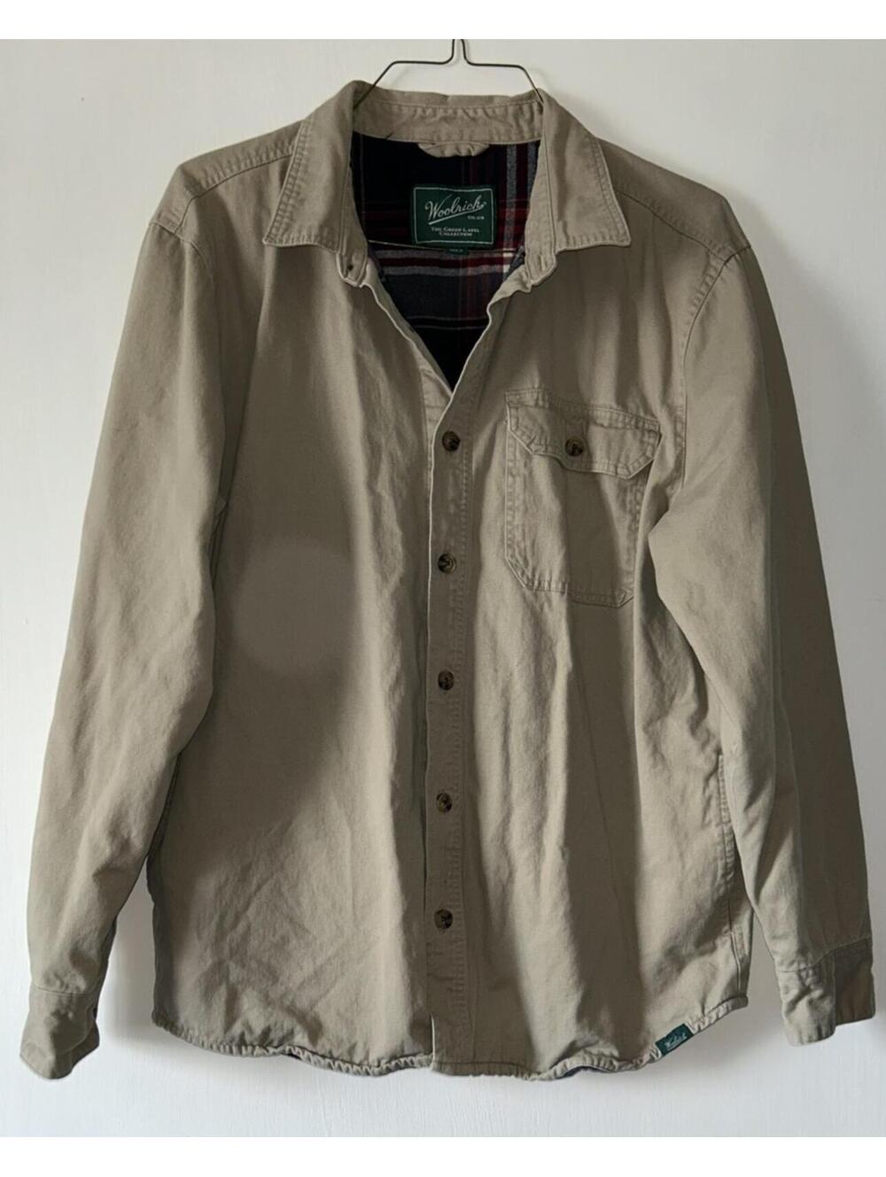 Woolrich Shirt Jacket Mens Large Khaki Flannel Lined Plaid Green Label Shacket